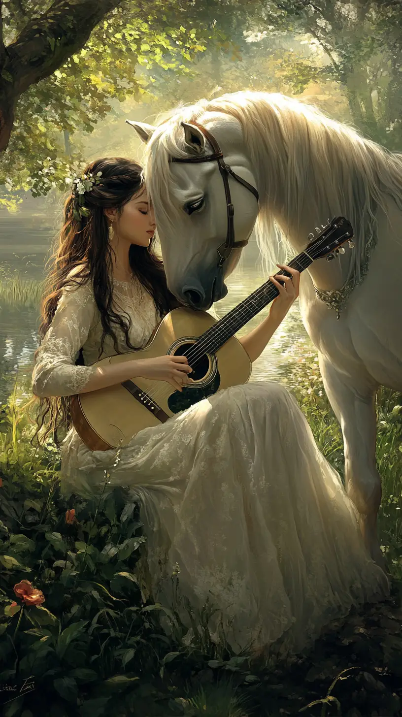 Joven mujer con guitarra junto a un caballo blanco en la naturaleza