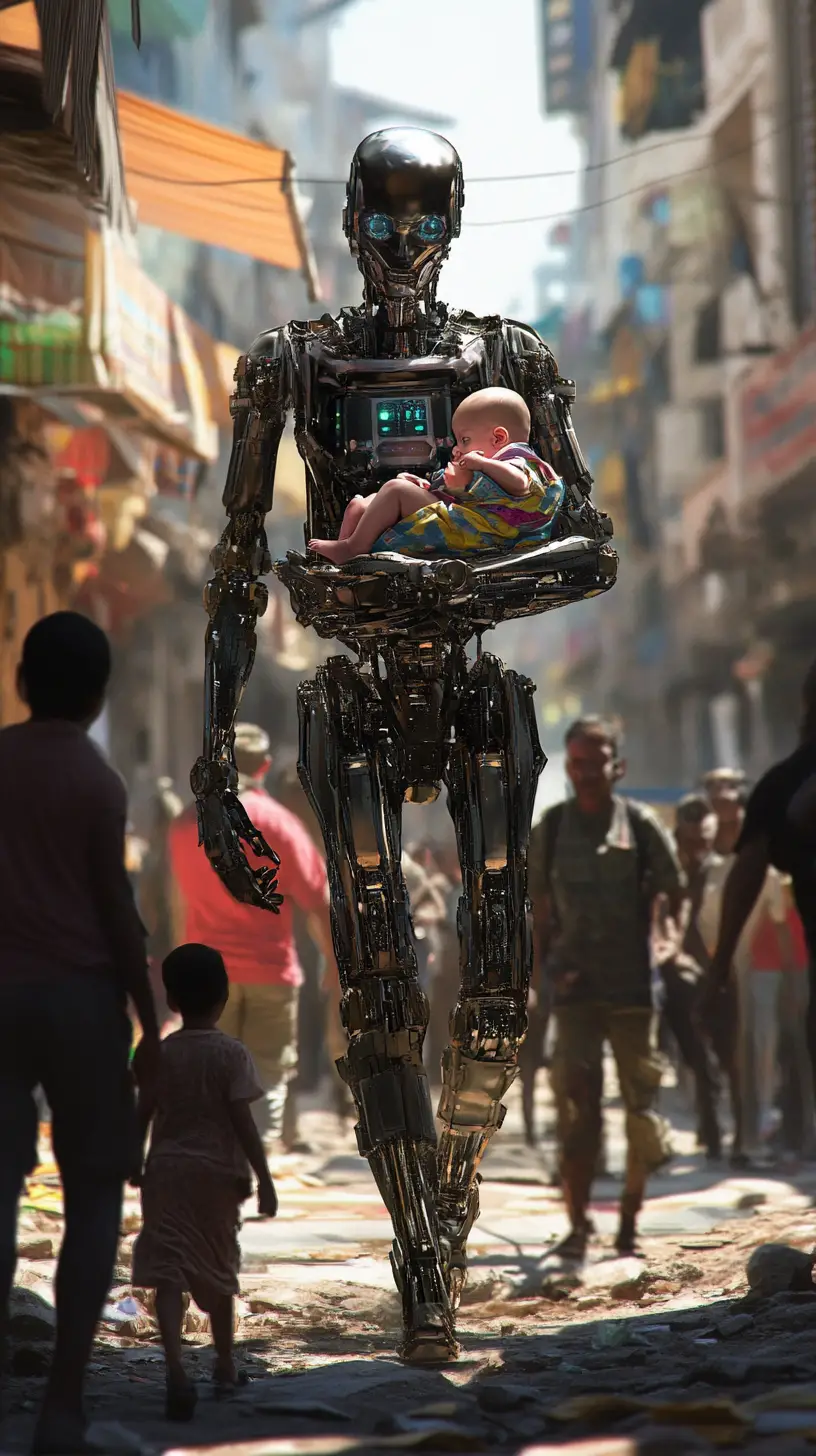 Roboter trägt ein Baby durch überfüllten Stadtslum