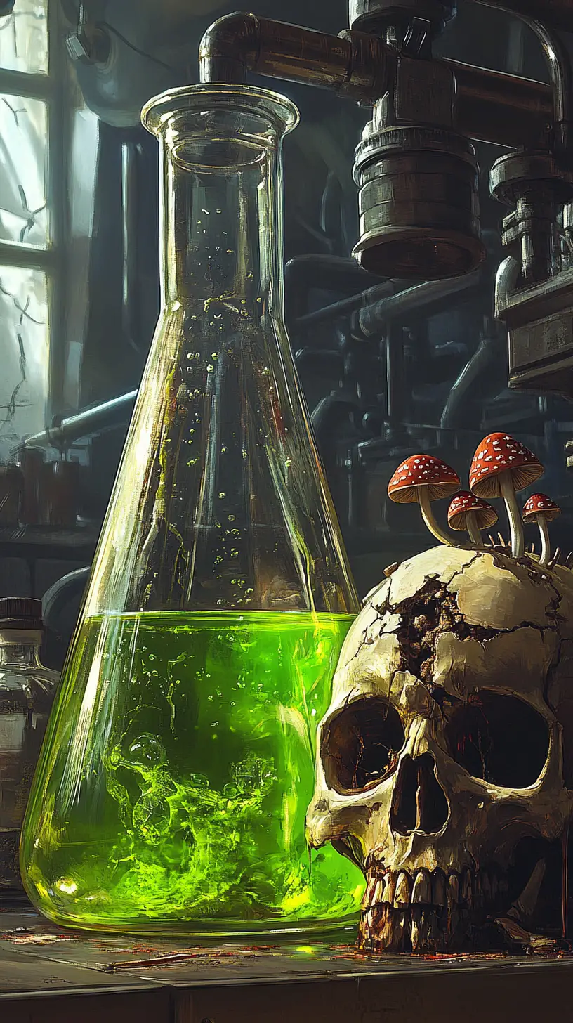 Flacon de poison vert et crâne avec champignons en laboratoire