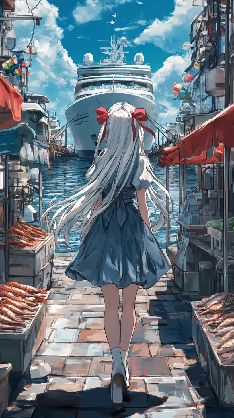 Anime-Mädchen, das an Meeresfrüchteständen im Hafen entlanggeht