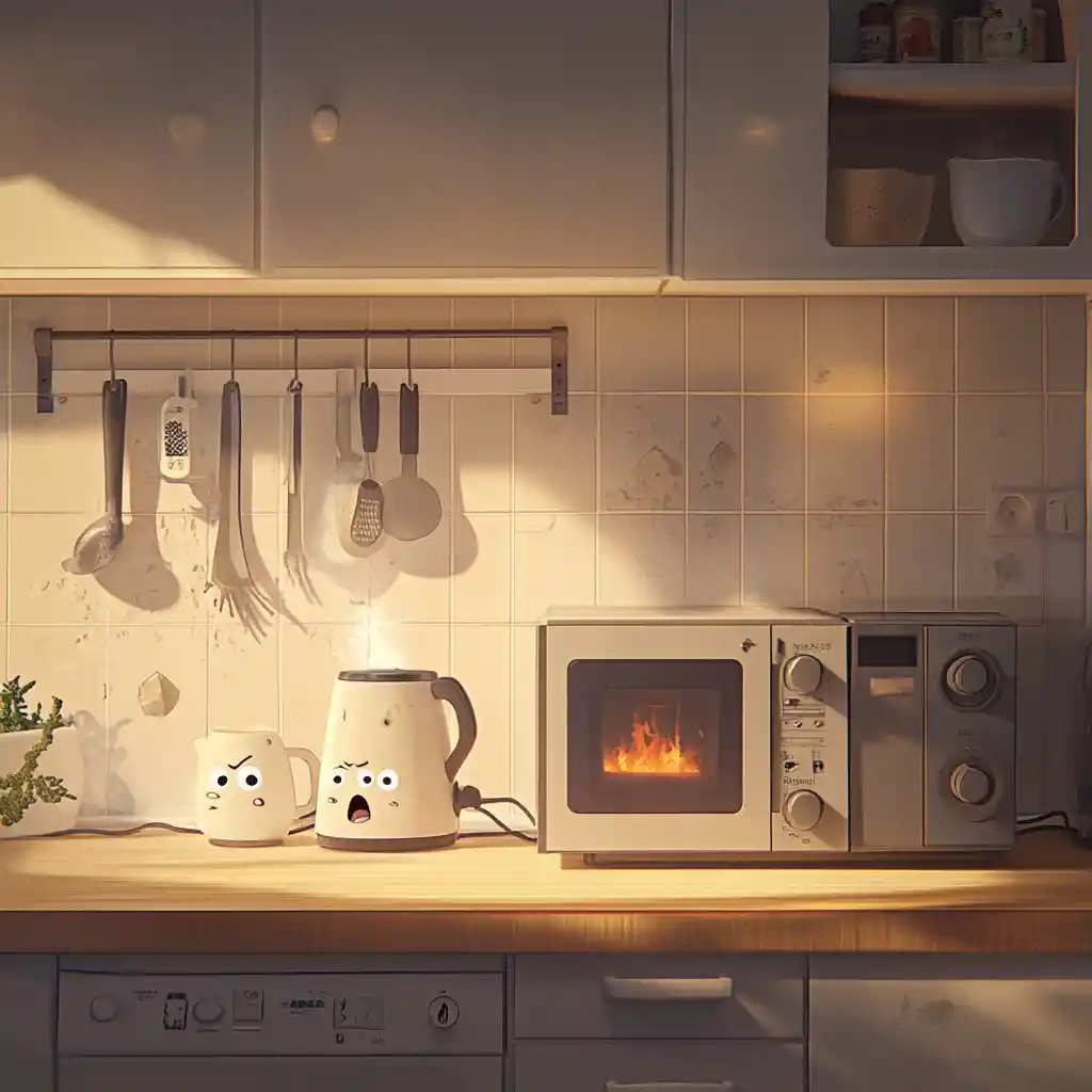 Overloaded kitchen appliances on a chaotic cartoon countertop