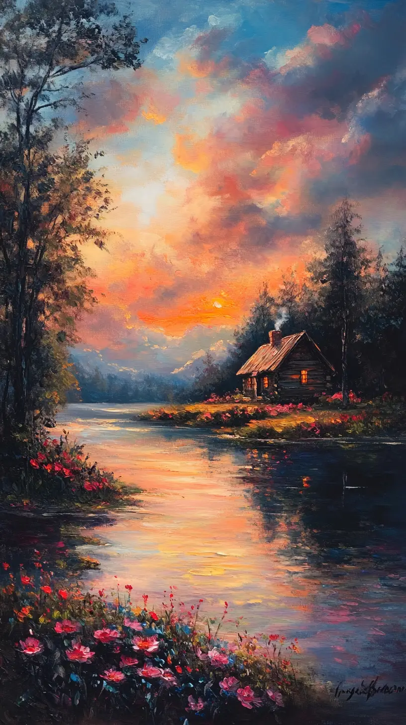 Ruhiges Flusshaus bei Sonnenuntergang im impressionistischen Gemälde