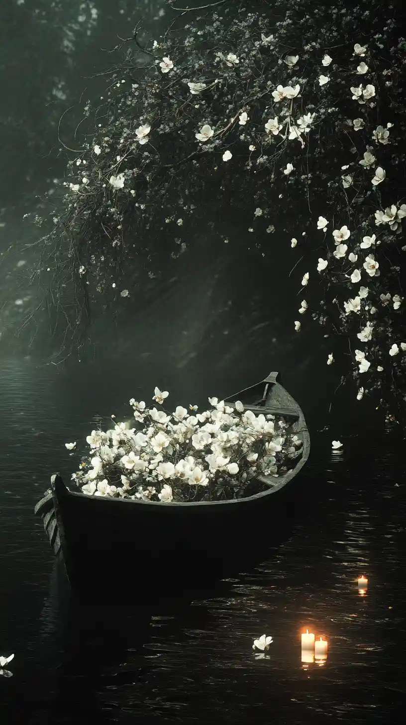 Old flower filled boat on mystical black water at night