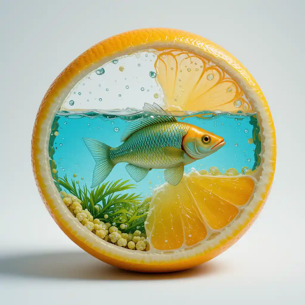Hyperrealistic Orange Slice Aquarium With Goldfish Inside