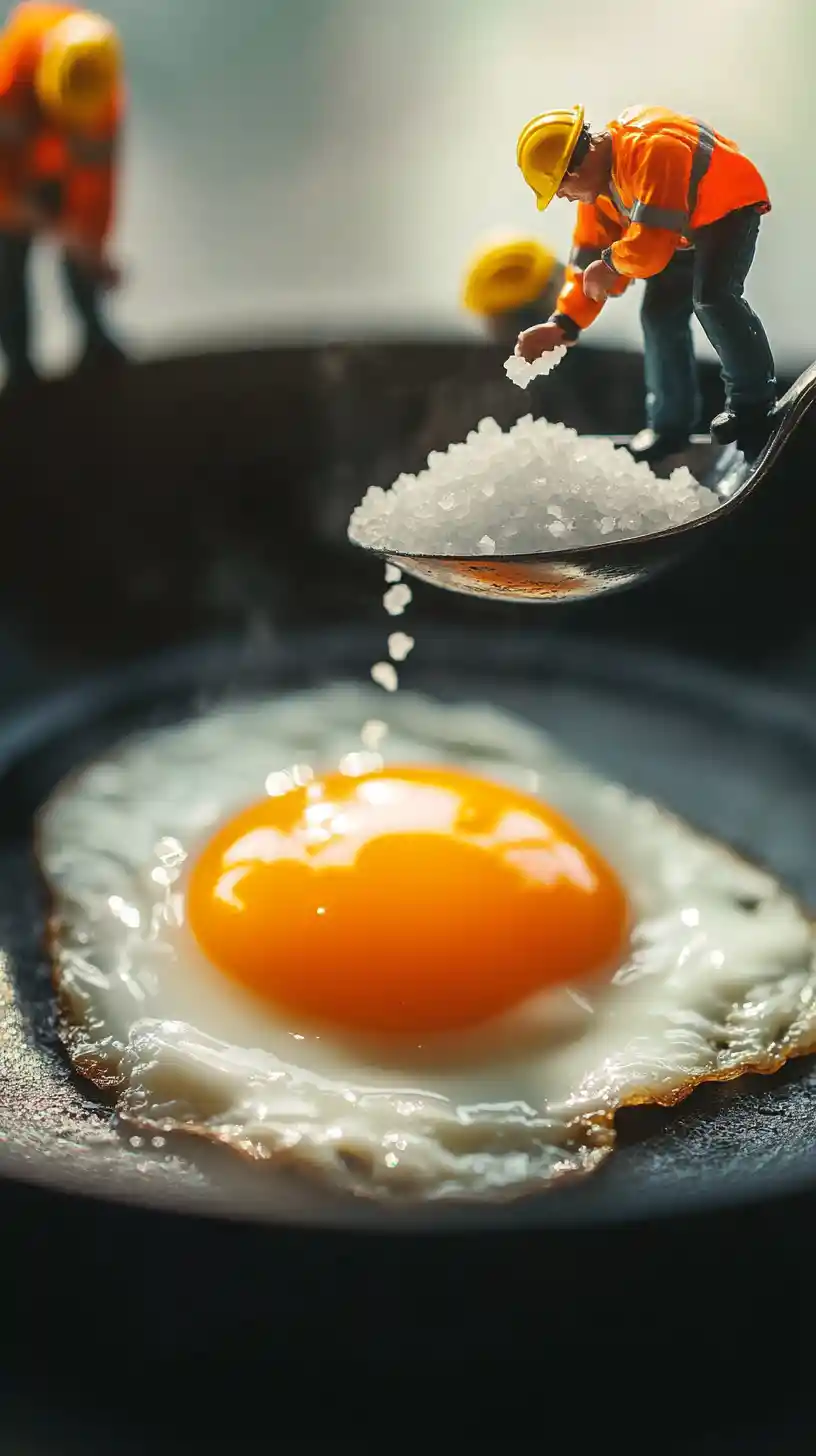 Miniature workers cooking a fried egg in macro scene