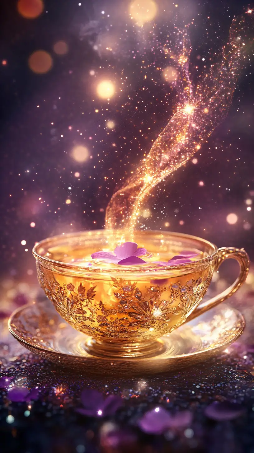 Taza de Té Mágica con Pétalos Brillantes y Luz Centelleante