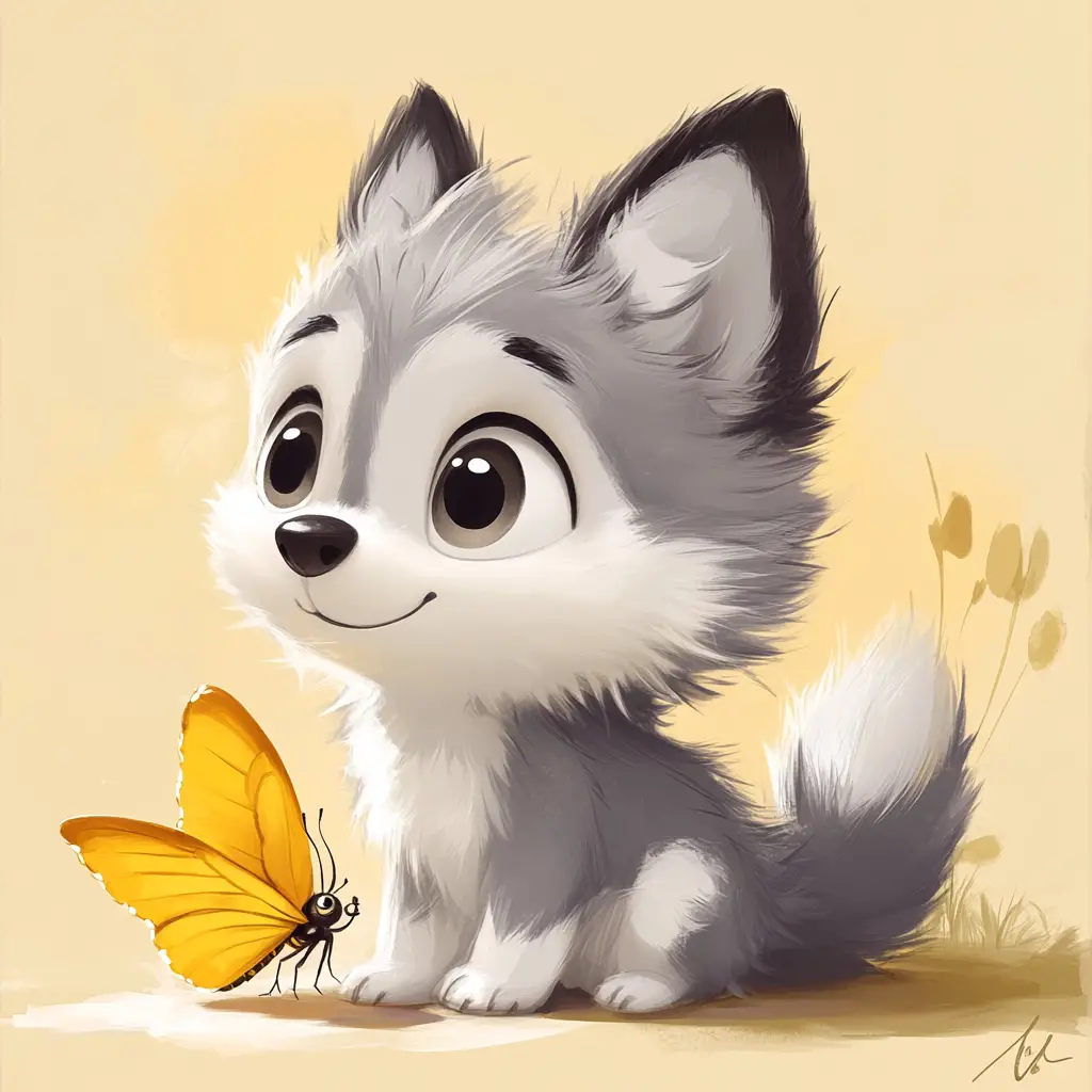 Dolce husky chibi con una farfalla gialla sul naso