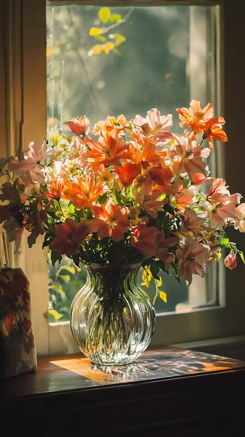 Vase en verre avec fleurs orange et roses sur le buffet