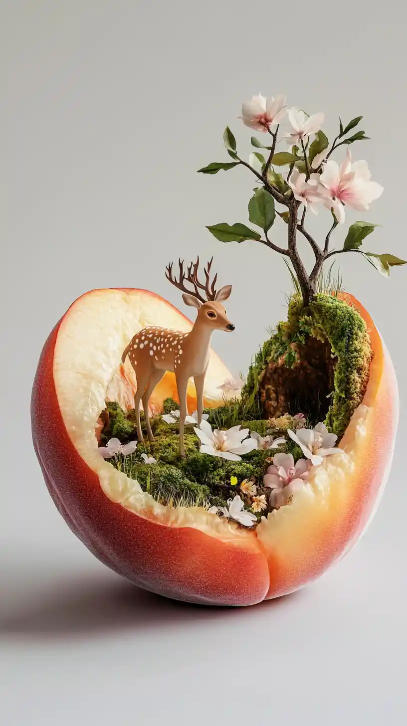 Fotorealistischer Pfirsich mit winziger Waldlichtung und grasenden Hirschen