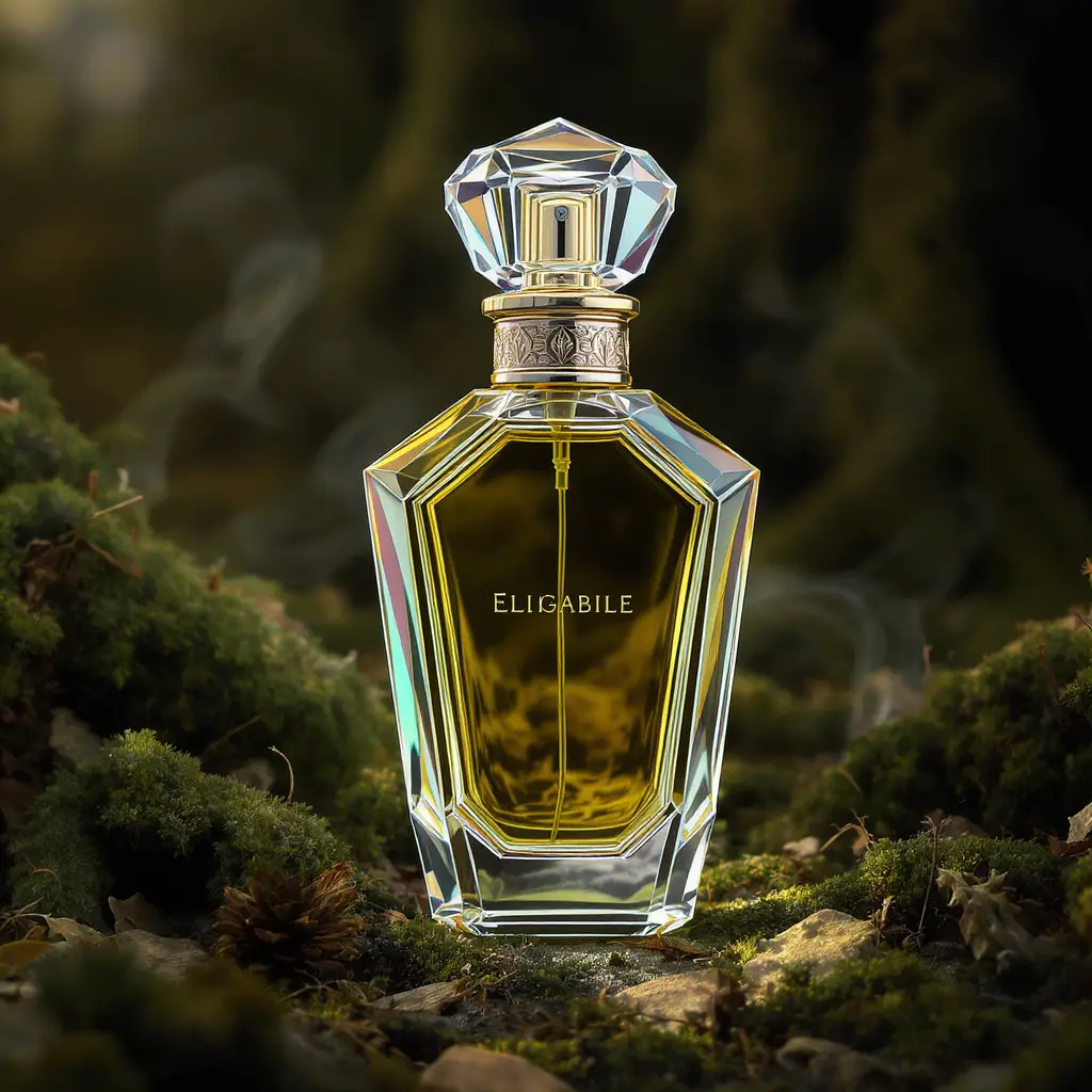 Flacone di profumo geometrico angolare con l’eleganza di un tempio sacro