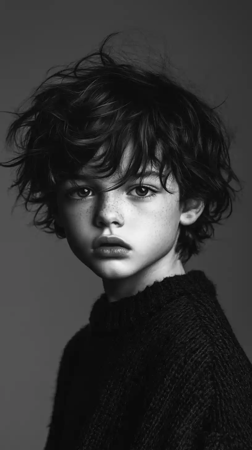 Black and white close up portrait of a young boy