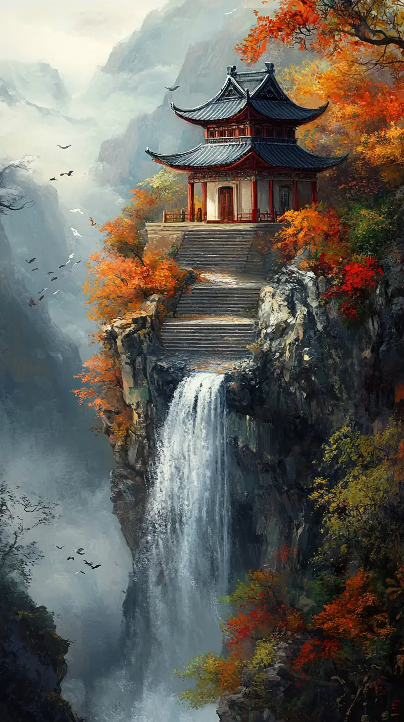 寧靜瀑布之上的幽靜懸崖亭閣