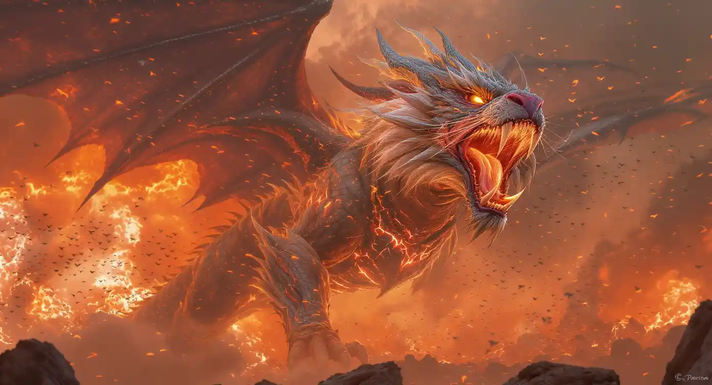 Mythical tiger dragon roaring over a fiery horizon
