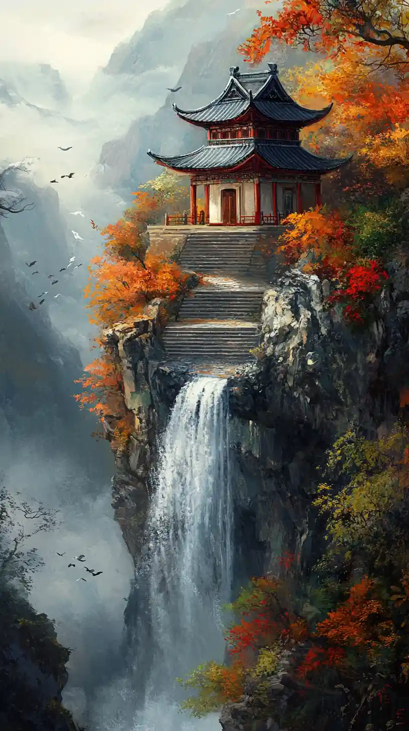Abgelegene Klippenpagode über einem ruhigen Wasserfall