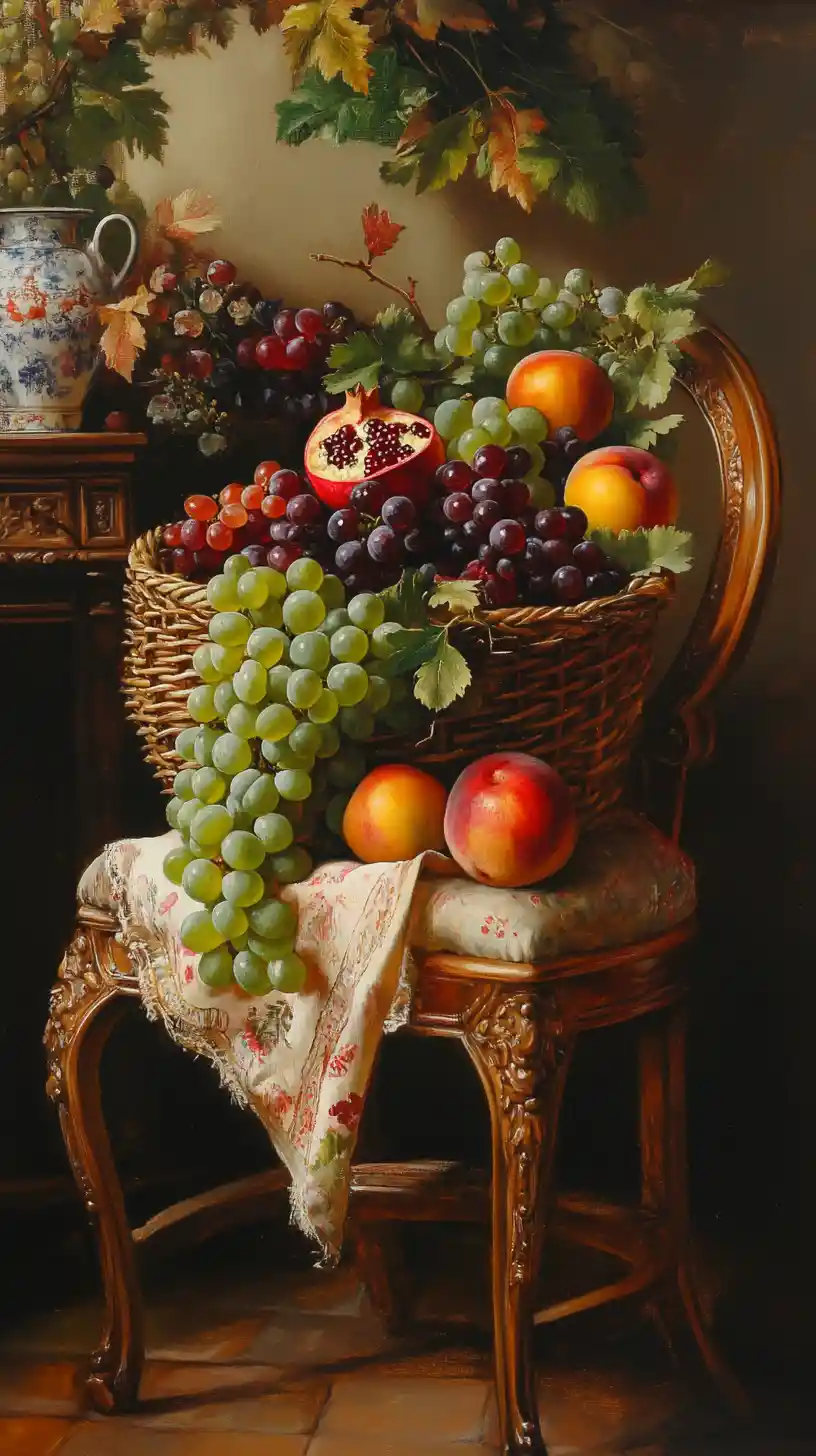 Still life of grapes and fruit basket on wooden chair