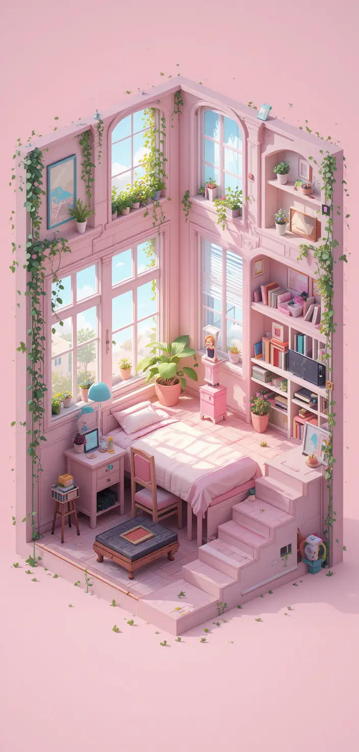 Isometric cutaway of a tiny modern minimalist apartment interior