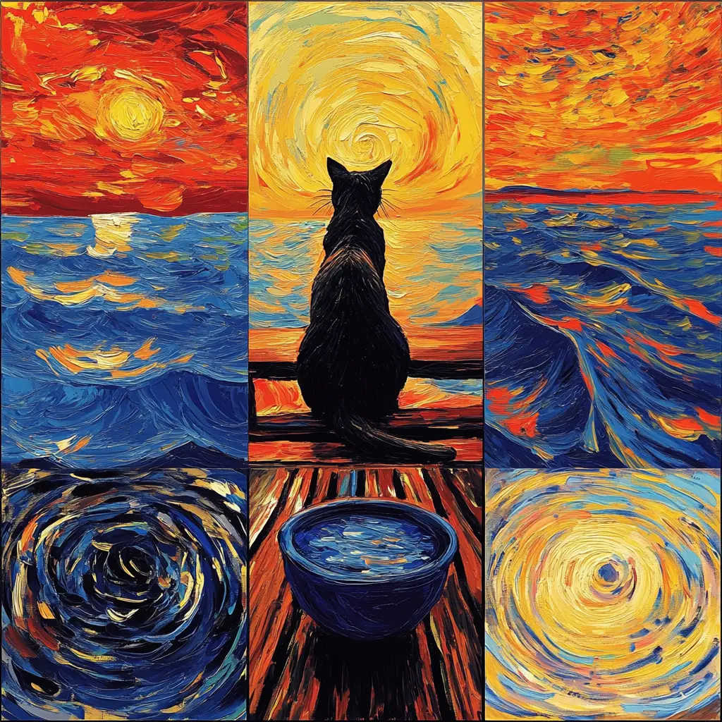 Chat sur une jetée en bois au coucher du soleil en style collage