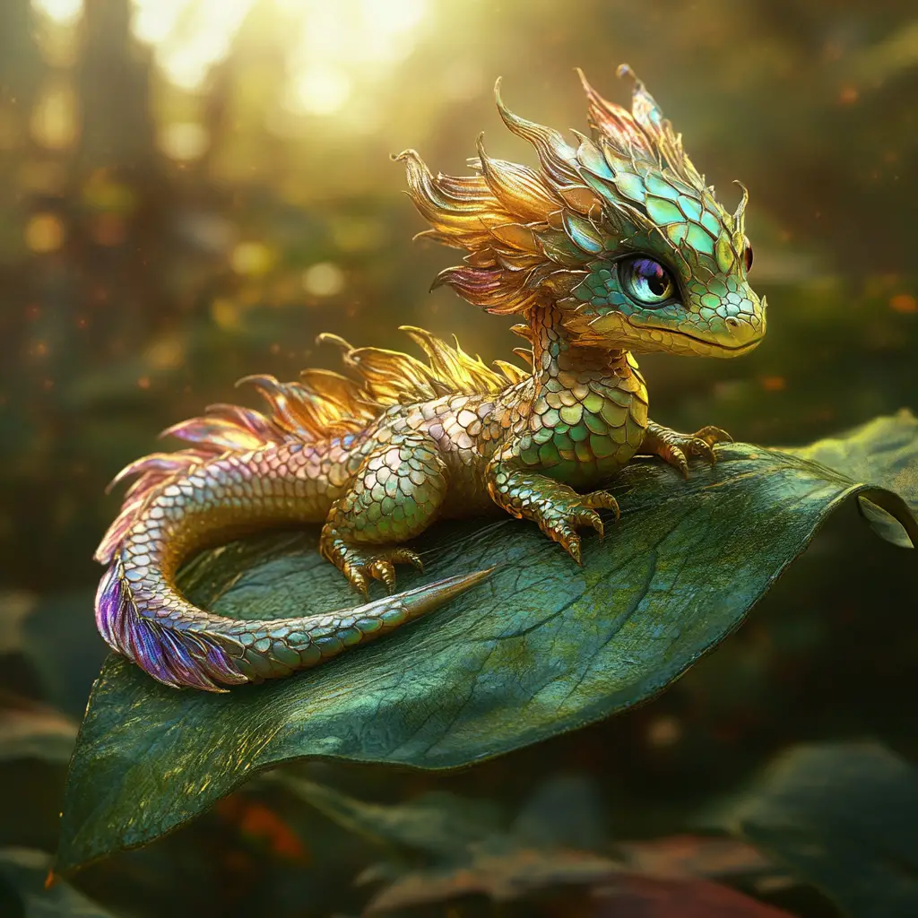 Fotorealistischer Drache, der auf einem leuchtend grünen Blatt ruht