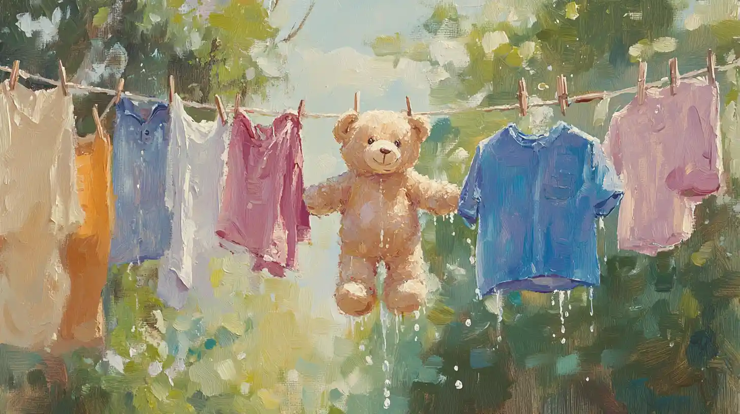 Cute wet teddy bear hanging on sunny clothesline
