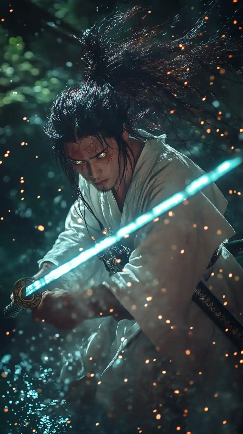 Stoischer Samurai-Krieger mit Katana in leuchtender Höhle