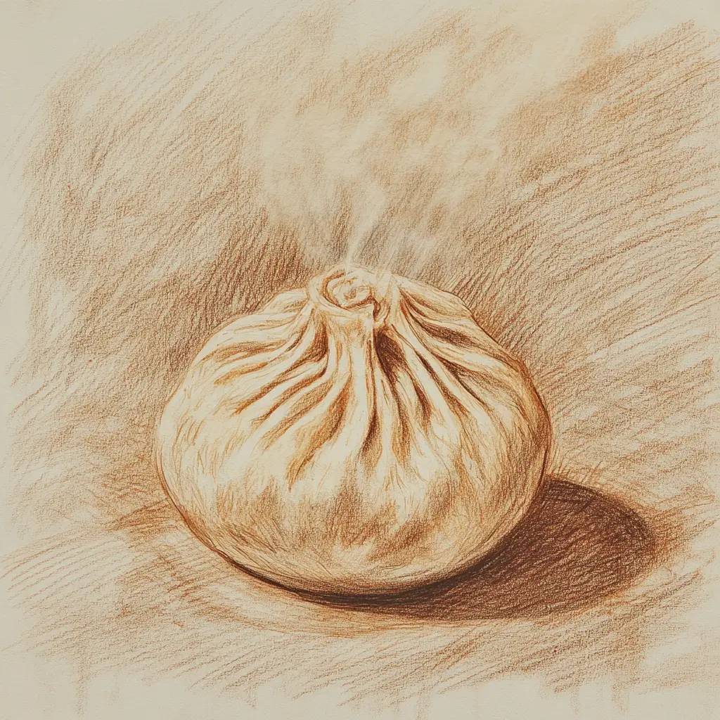 김이 모락모락 나는 만두의 색연필 스케치 (종이 위)