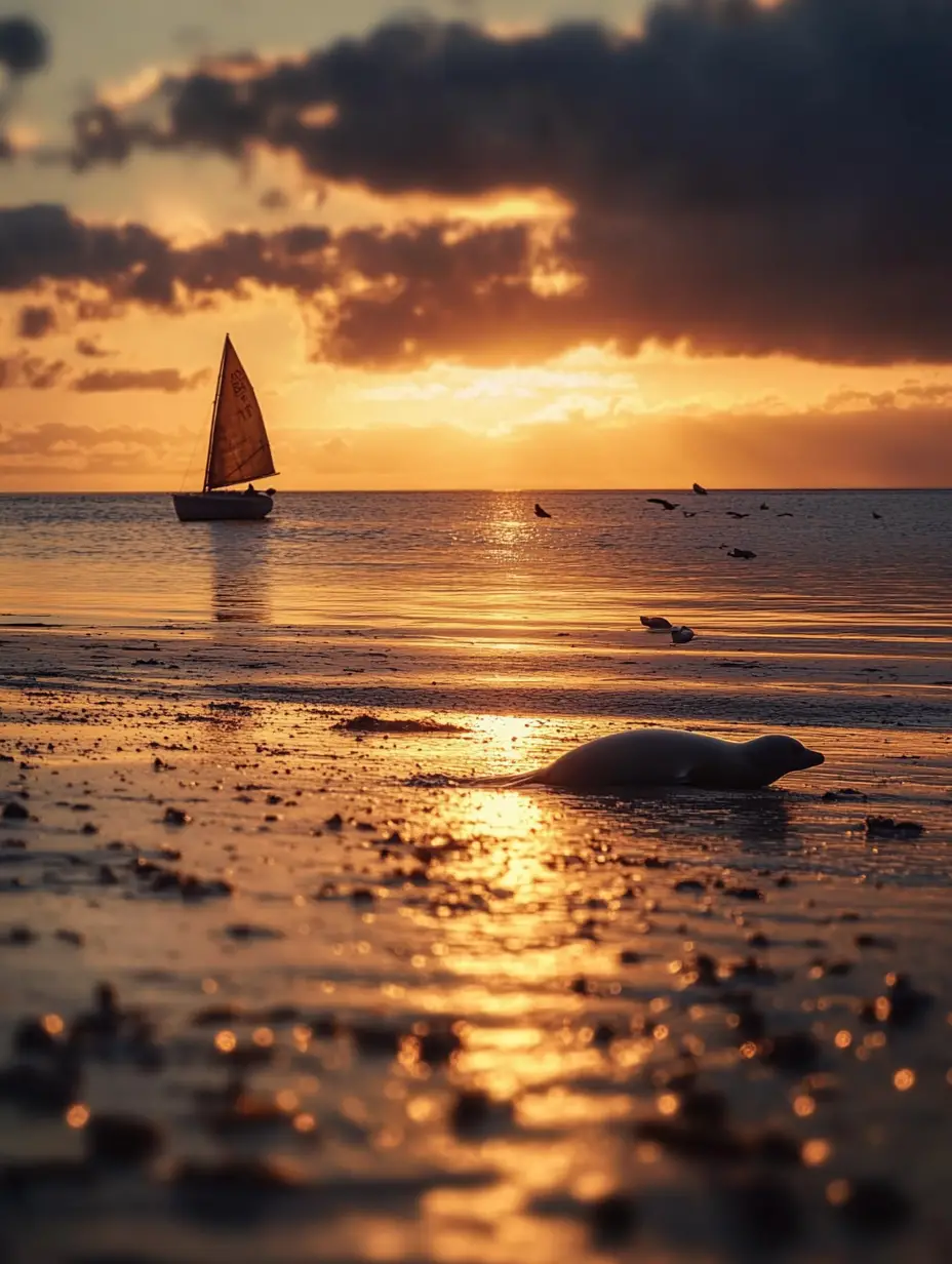 Small sailing boat at sunset near a quiet sandy seabank