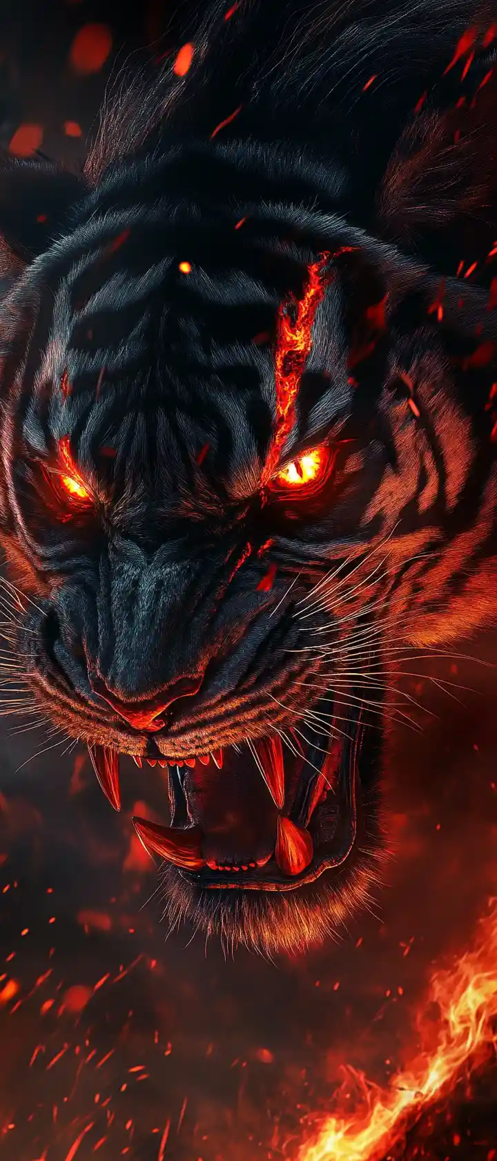 Tigre demoníaco rugindo em um inferno vulcânico – retrato