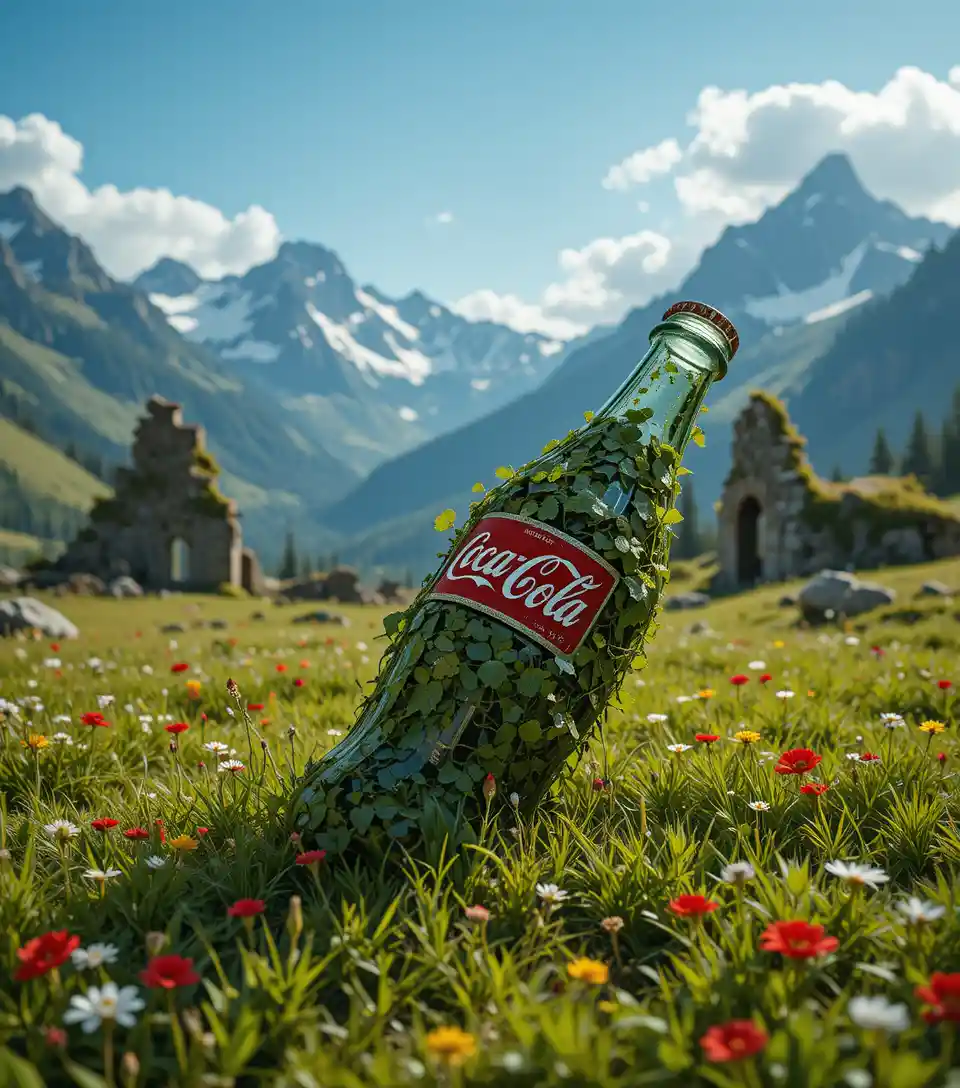Broken glass bottle in a lush alpine meadow