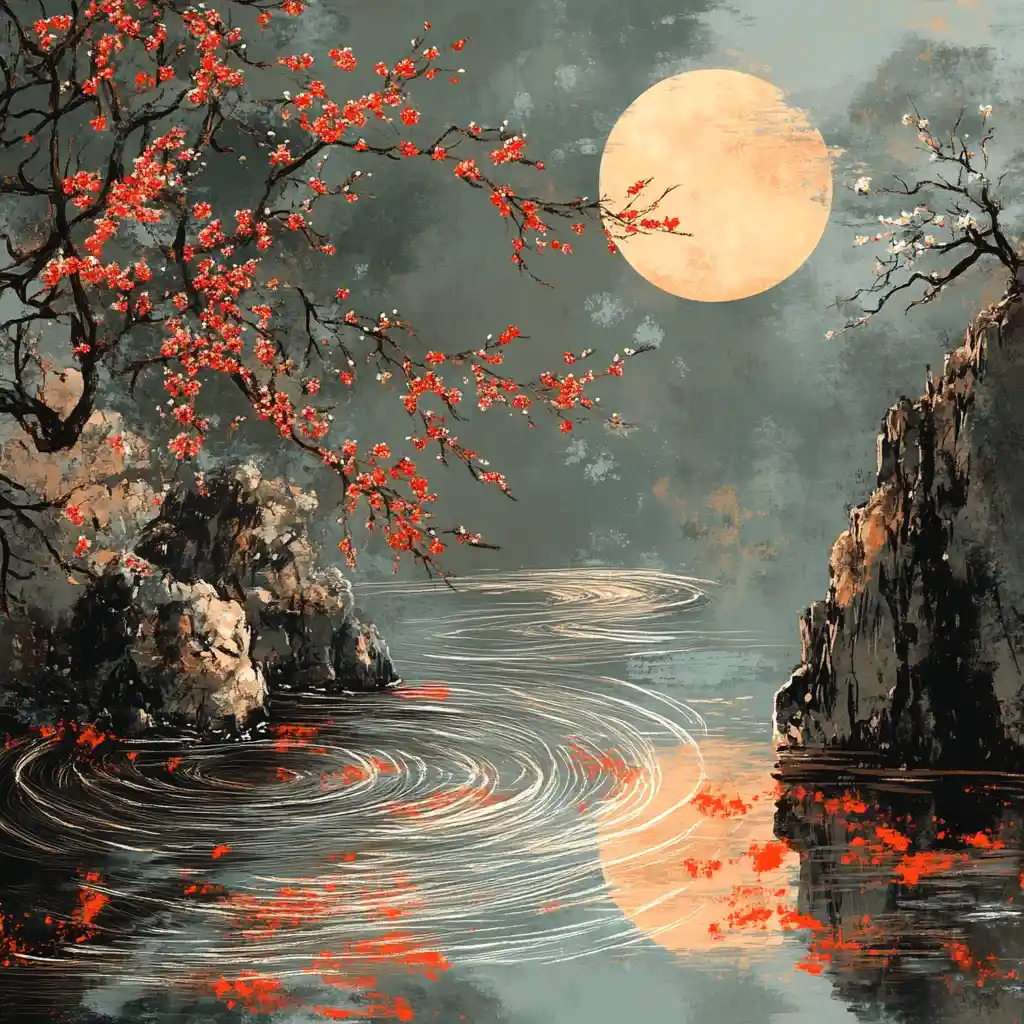 Moonlit river with flowering trees in chinese art style
