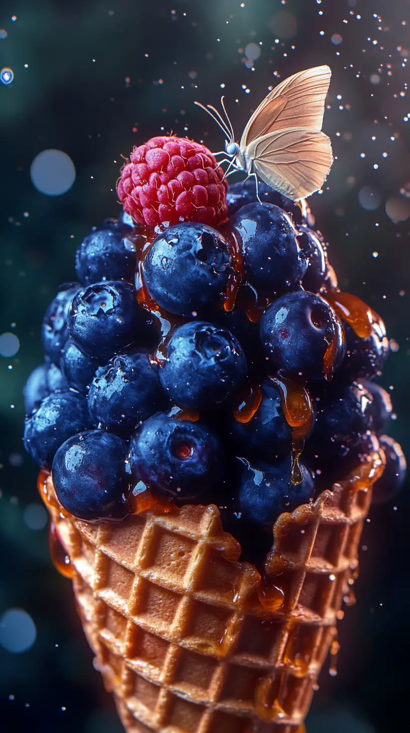 Gros plan d’un cornet gaufré avec fruits rouges et papillon