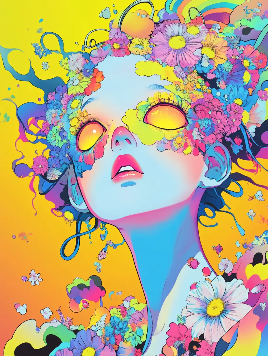 霓虹髮色與花朵光暈的超扁平風動漫少女