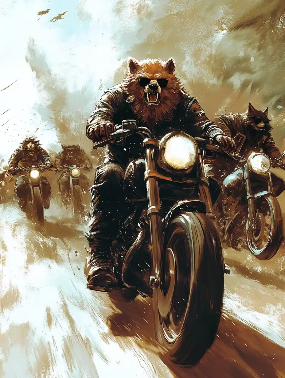 Anthropomorphic biker gang riding fast on highway