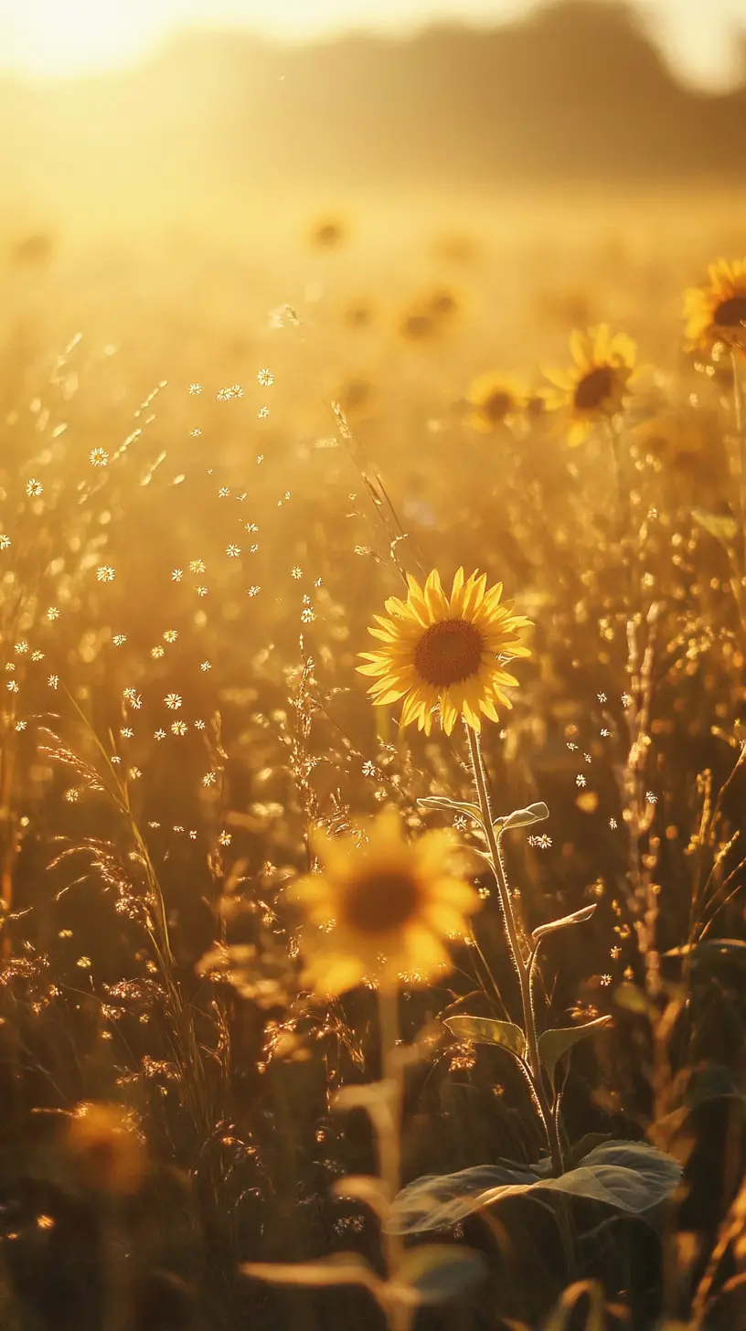 Goldenes Sonnenuntergangsfeld mit leuchtenden Geistern zwischen Sonnenblumen
