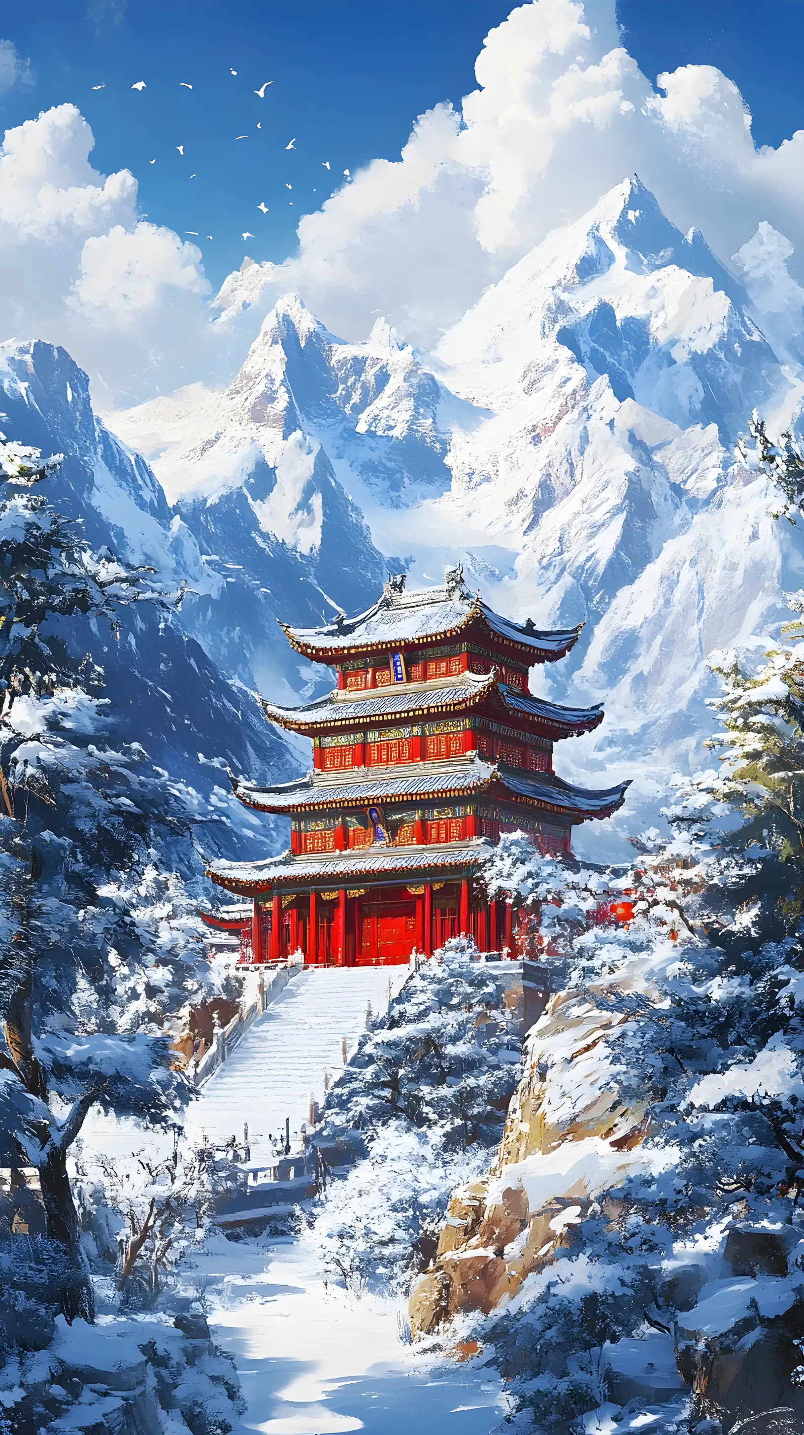 晴朗藍天下的雪山寺廟