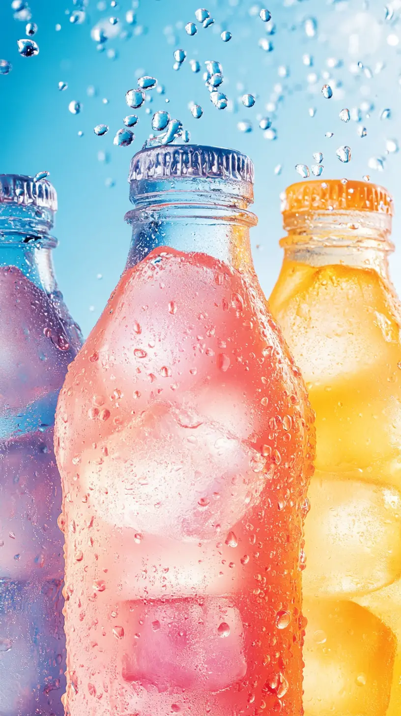 Bunte Getränkeflaschen auf Eis mit leuchtenden Wassertropfen