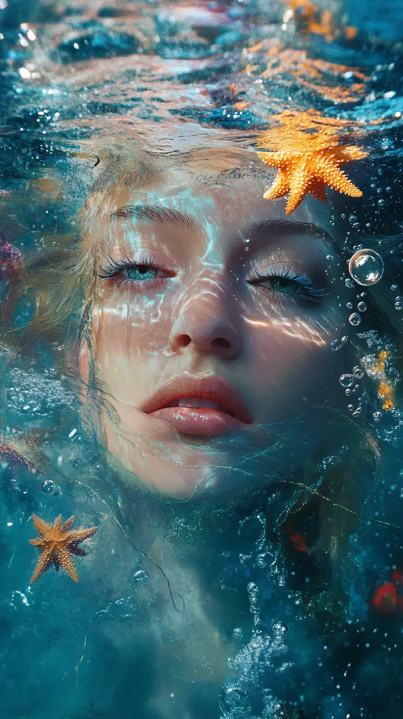 Dupla exposição surreal de mulher e fundo do mar subaquático
