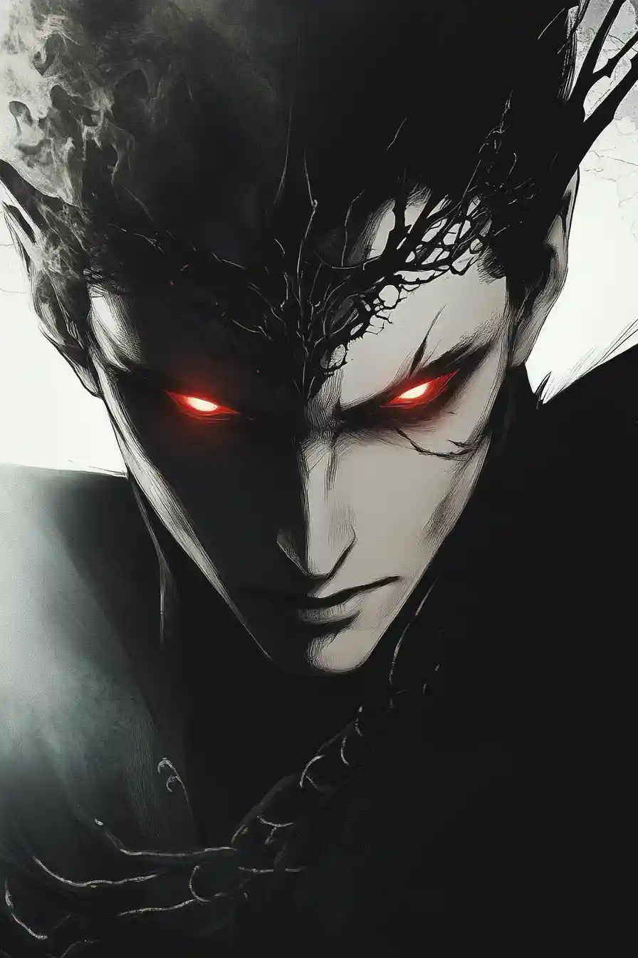 Vampire lord close up with glowing red eyes and smoke