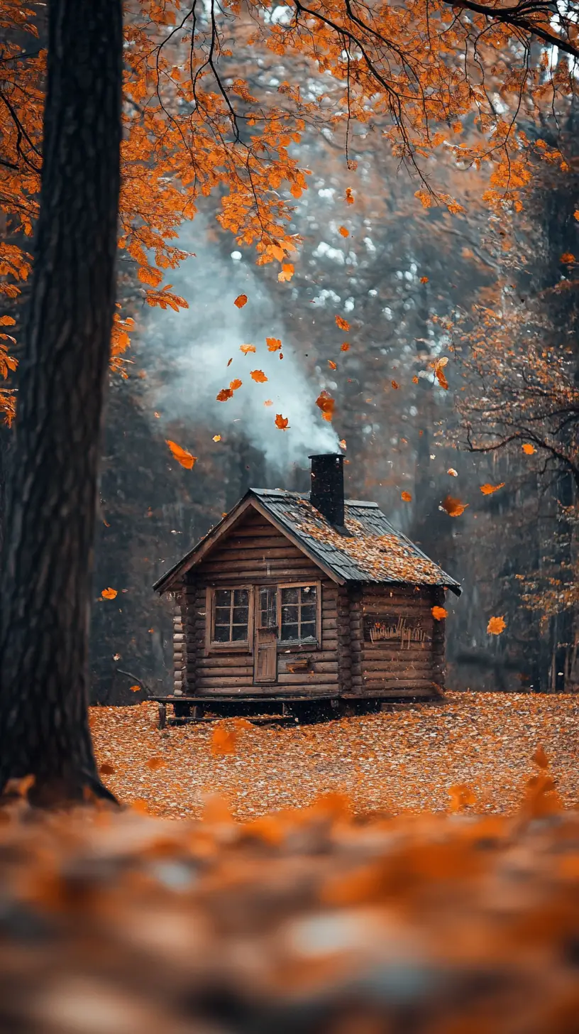 Accogliente baita di legno in una tranquilla foresta autunnale