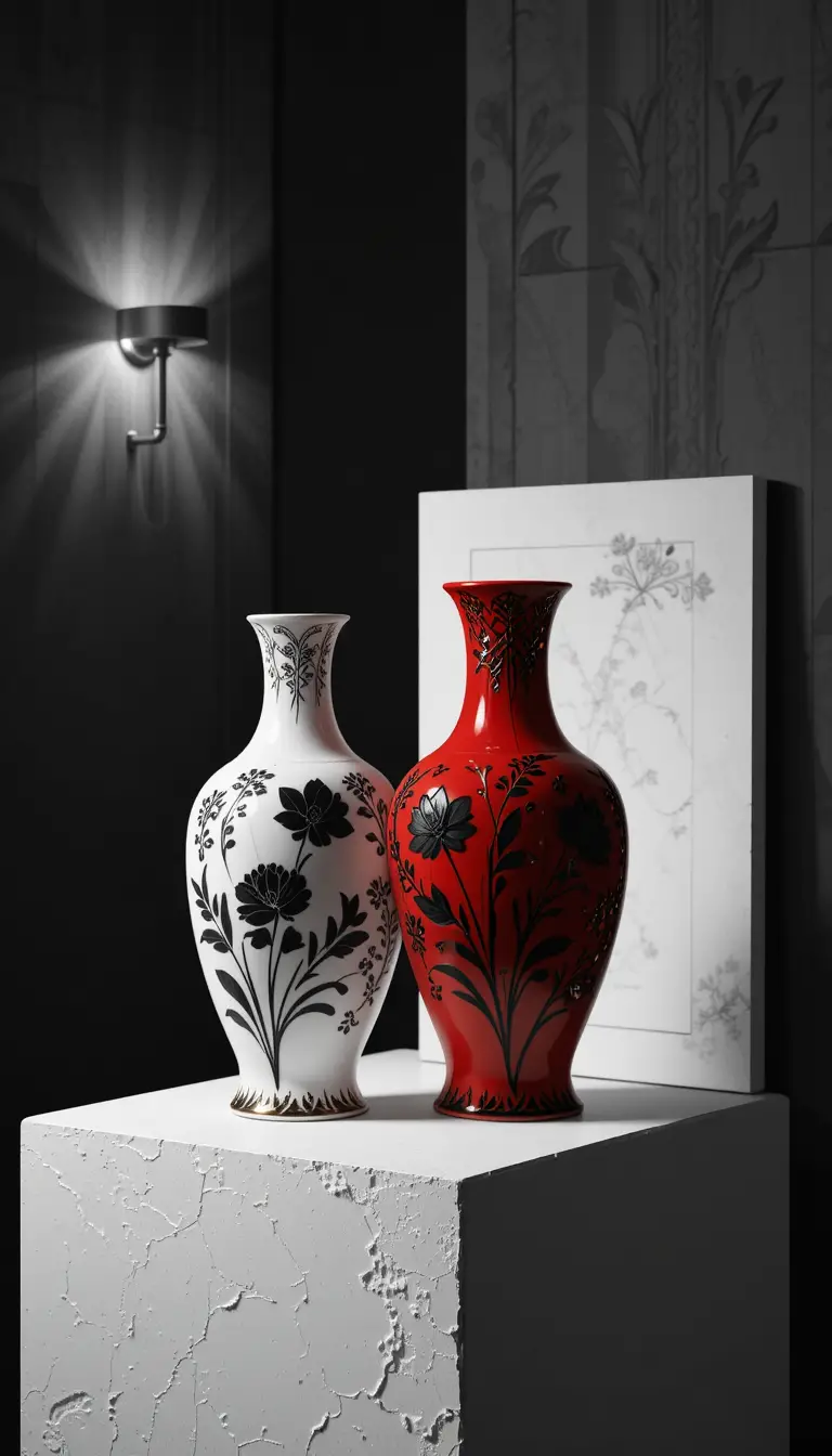 Gros plan sur des vases devant un mur art déco sombre