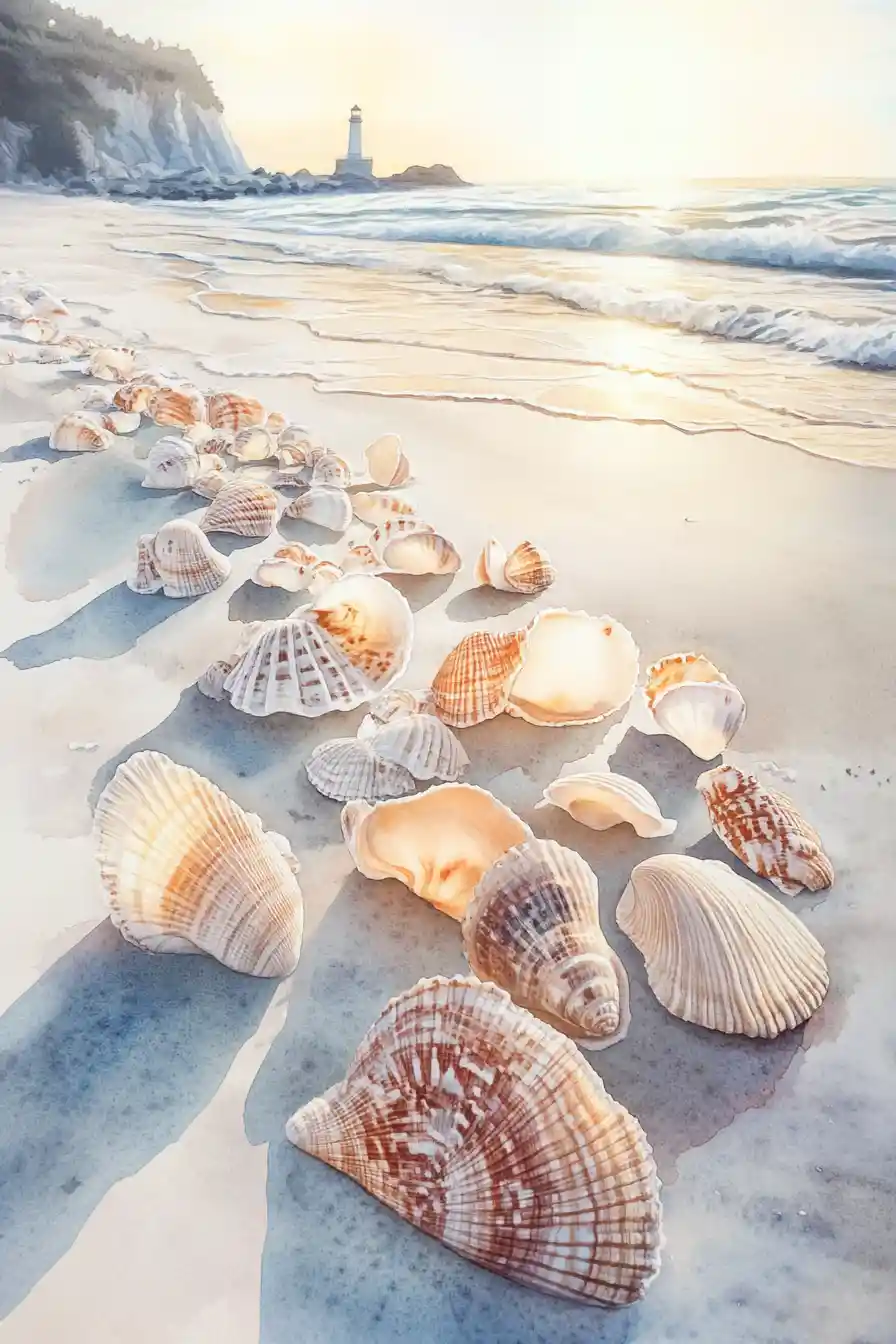 Watercolor seashells on a peaceful sunrise beach