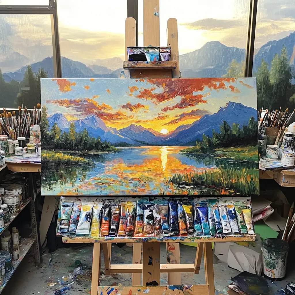 藝術家工作室中畫架上的夕陽湖泊風景畫