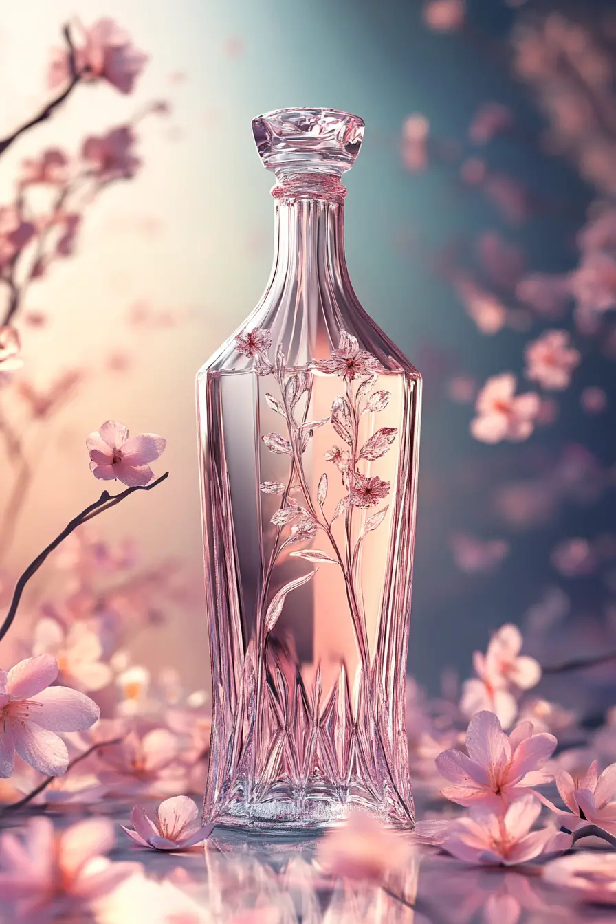 Bottiglia di vetro trasparente con delicato design floreale pastello