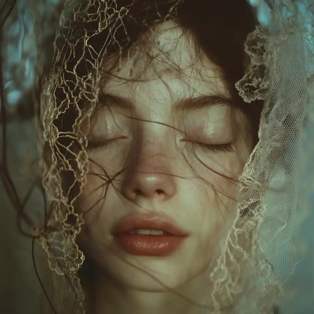 Woman in lace veil in a dreamy abstract close up