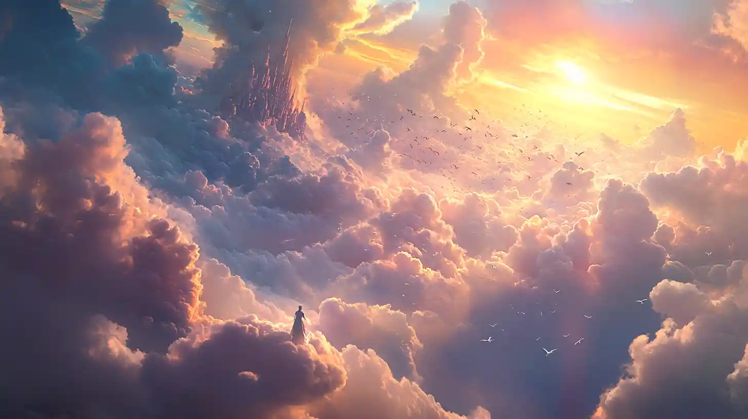Dreamlike figure gardening colossal clouds above the sky