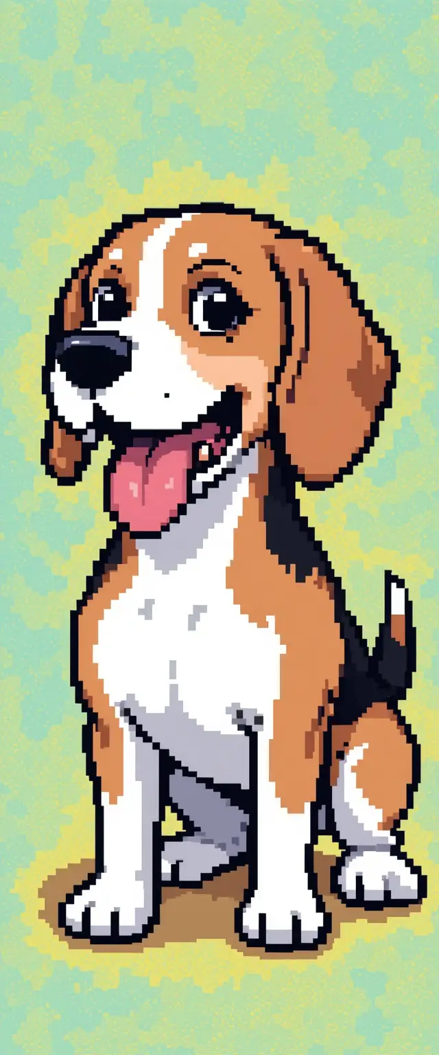 Pixel art beagle dog panting on yellow background