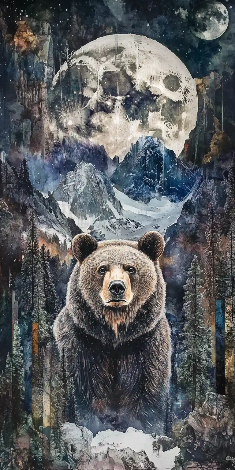 Bear and mountain illusion collage in watercolor ink