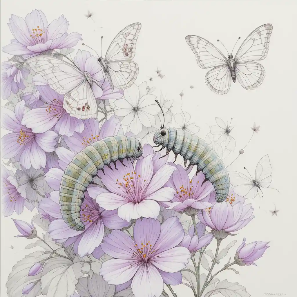 Delicate butterflies and caterpillars on pale lilac flowers