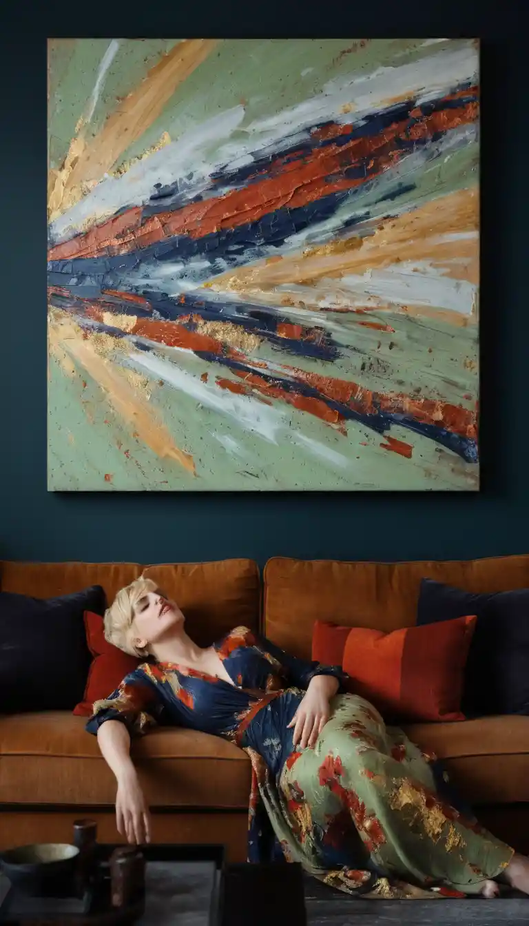 Abstract fractured horizon painting above living room sofa