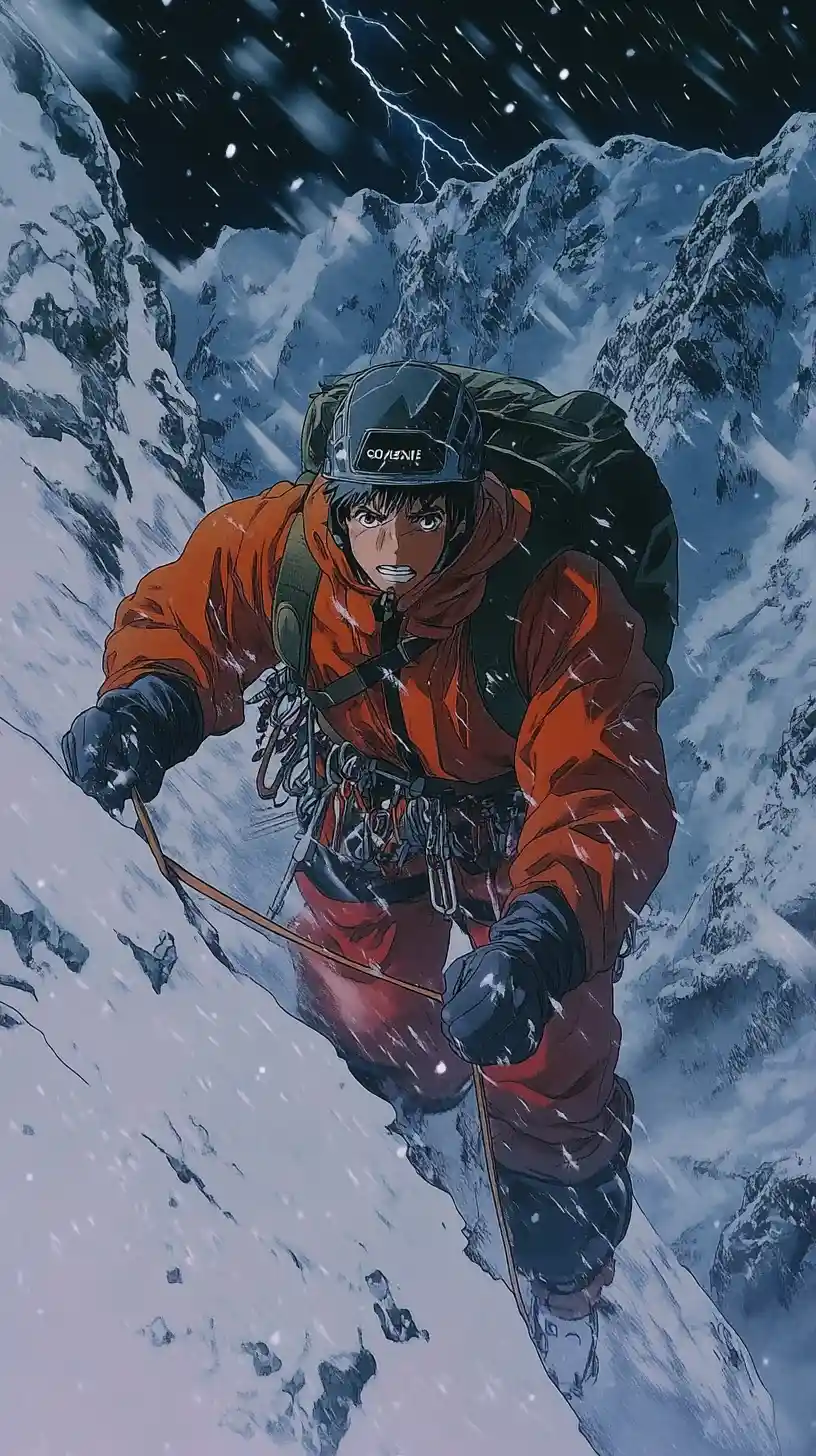 Lone mountaineer battling storm on narrow snowy ridge