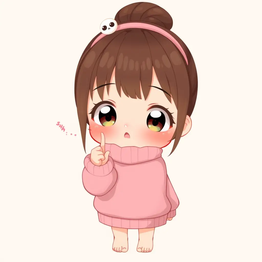 ピンクのセーターでシーのポーズをする可愛いアニメ少女